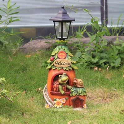 Garden Statue Tortoise Castle Figurine Resin Statue with Solar LED Lights for Fall Winter Decoration,Housewarming Gift