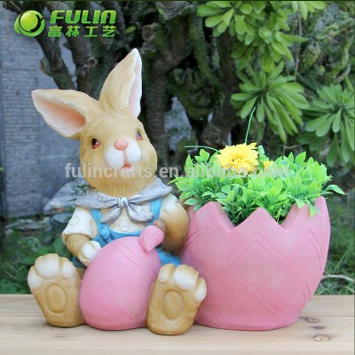 resin material easter decoration bunny rabbit flower pot egg shape